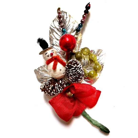 Vintage Christmas Corsage Spun Cotton Snowman Mercury Glass Beads - Picture 6 of 6